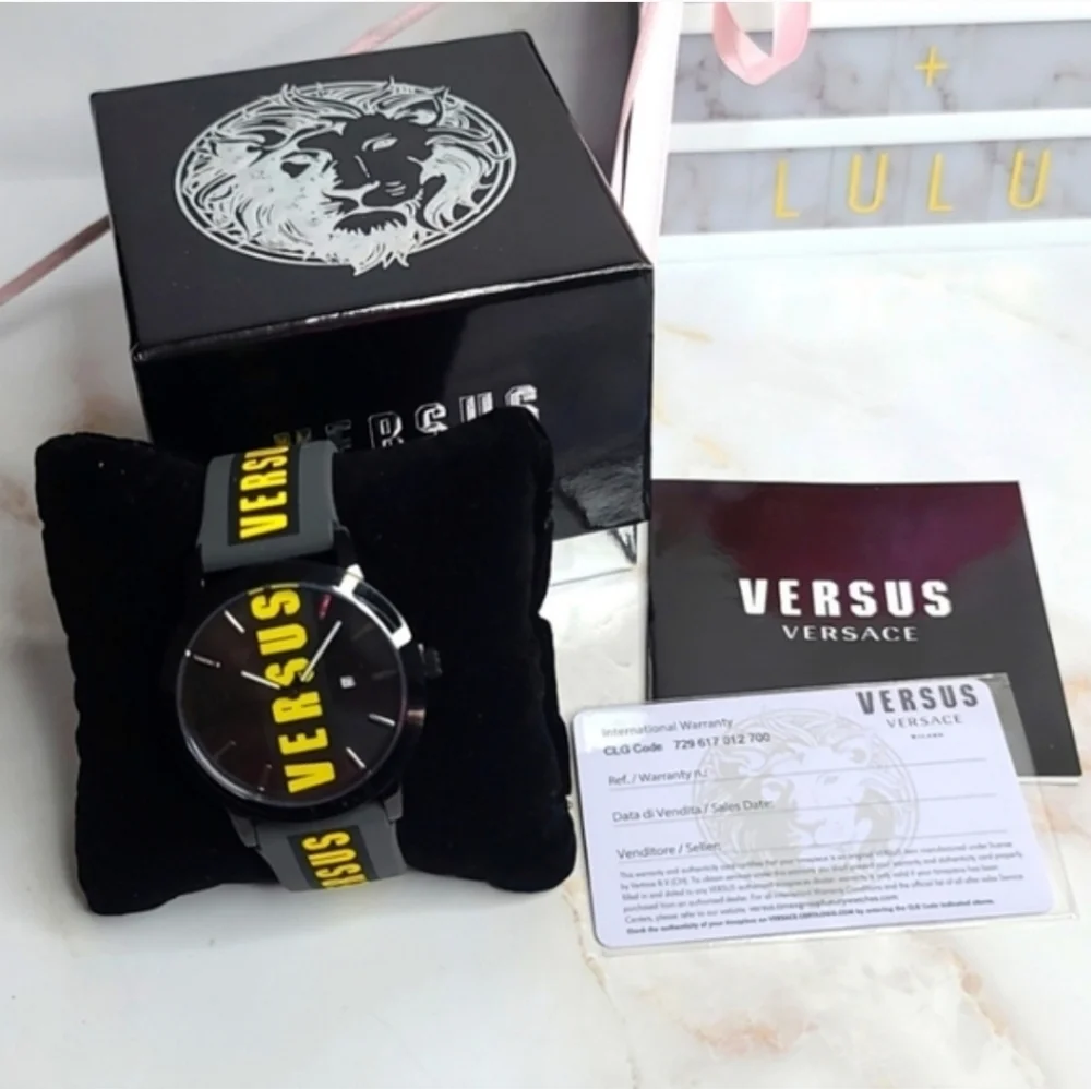 Versus Versace Mens Black & Yellow Logo Strap Watch New